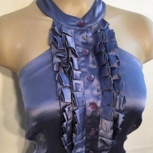 Bebe Silk Blue Tuxedo Ruffle Halter Top XS $59